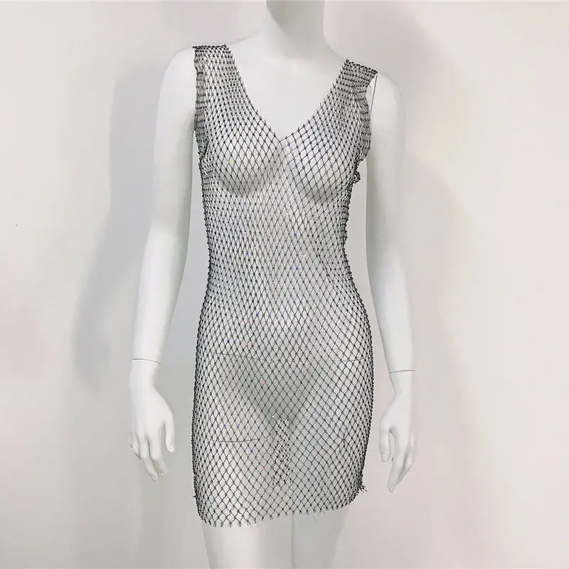 White Rhinestone Fishnet Sleeveless Long Dress for Women - Image 9