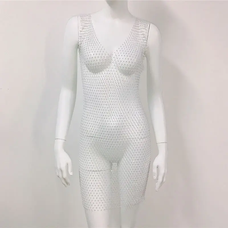 White Rhinestone Fishnet Sleeveless Long Dress for Women - Image 10