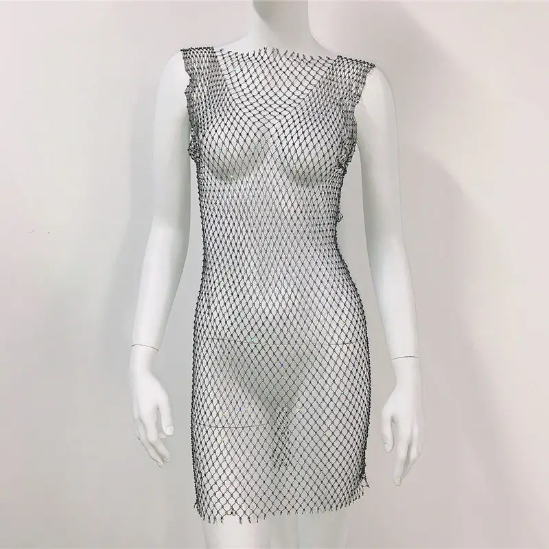White Rhinestone Fishnet Sleeveless Long Dress for Women - Image 11