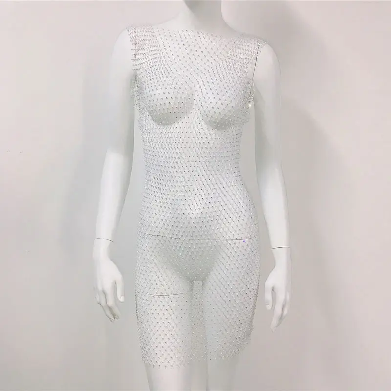 White Rhinestone Fishnet Sleeveless Long Dress for Women - Image 12