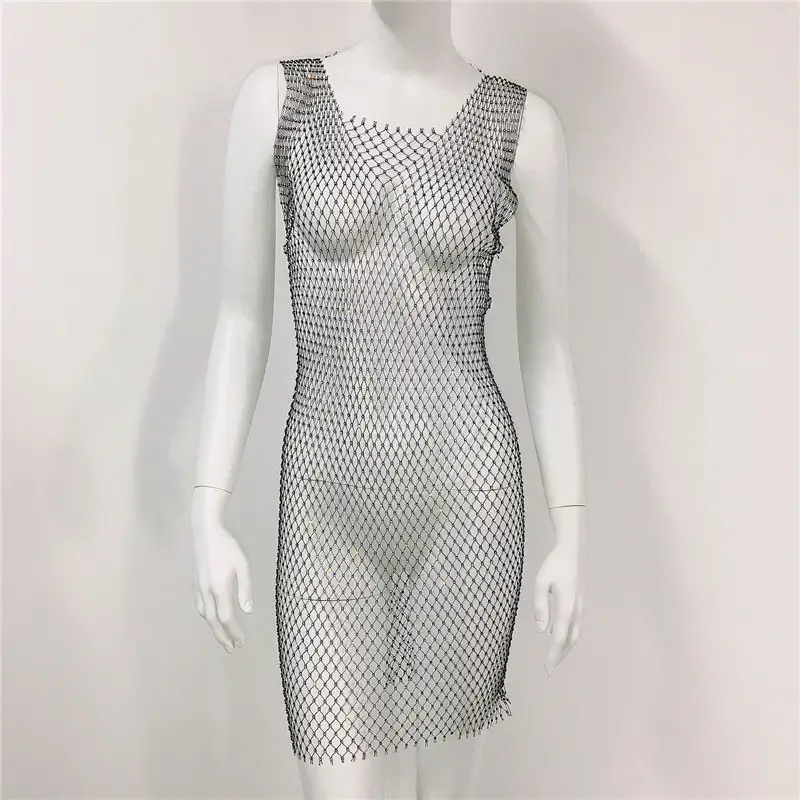 White Rhinestone Fishnet Sleeveless Long Dress for Women - Image 13