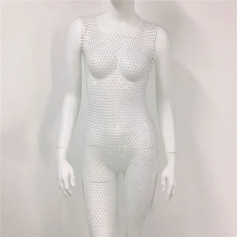 White Rhinestone Fishnet Sleeveless Long Dress for Women - Image 14