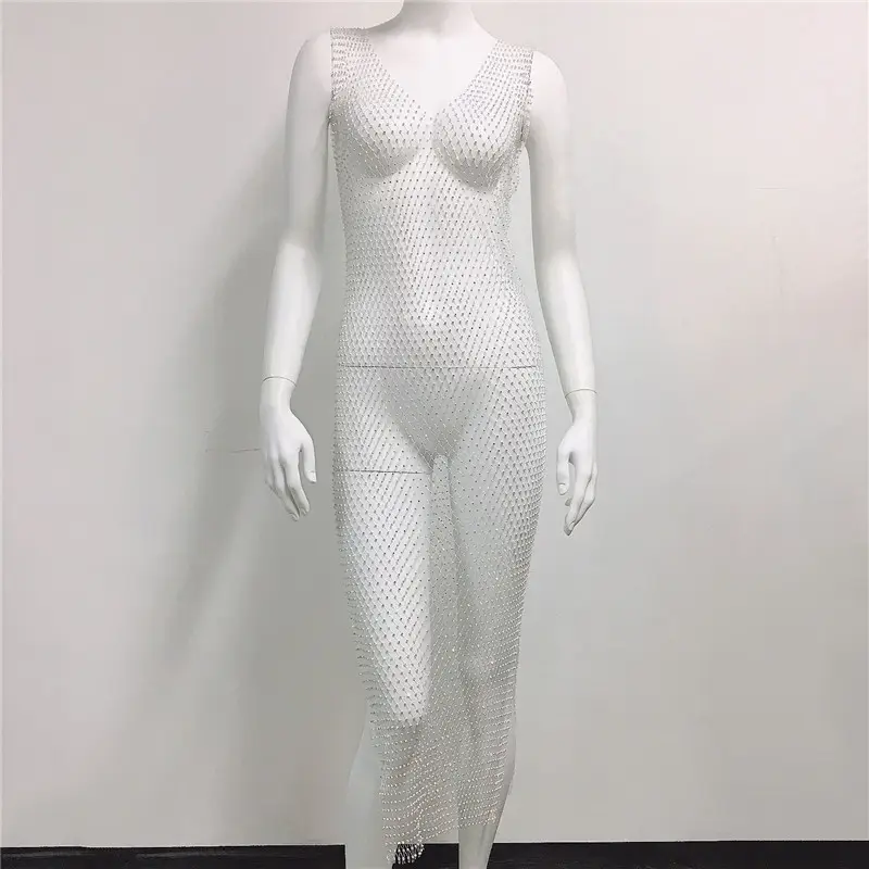 White Rhinestone Fishnet Sleeveless Long Dress for Women — feature 20