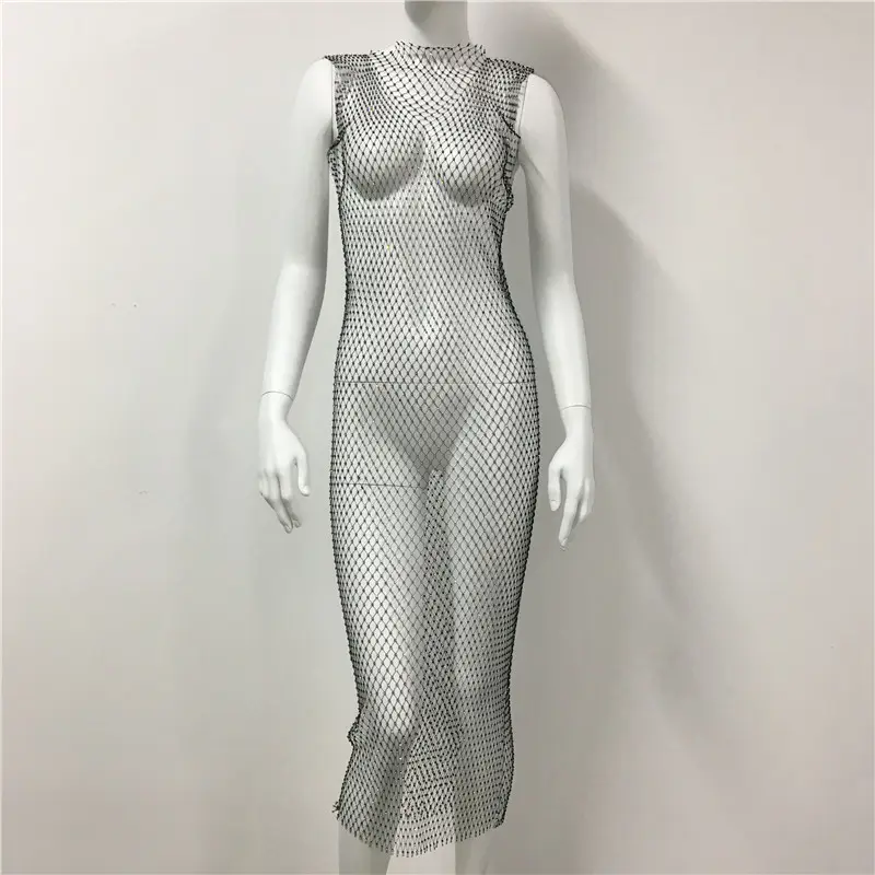 White Rhinestone Fishnet Sleeveless Long Dress for Women — feature 22
