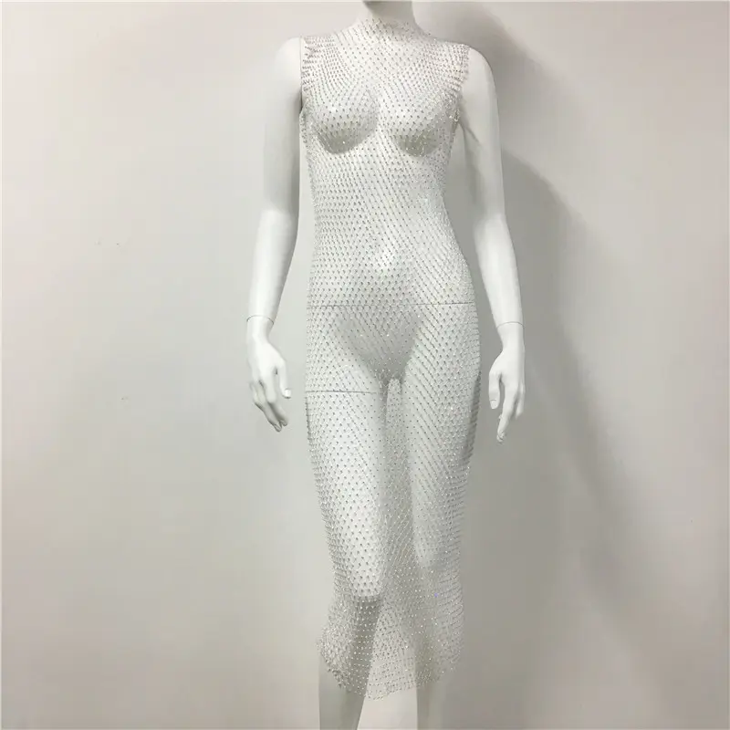 White Rhinestone Fishnet Sleeveless Long Dress for Women - Image 4