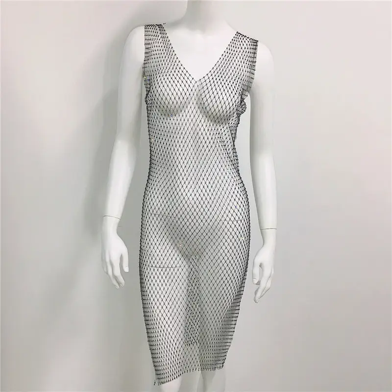 White Rhinestone Fishnet Sleeveless Long Dress for Women - Image 5