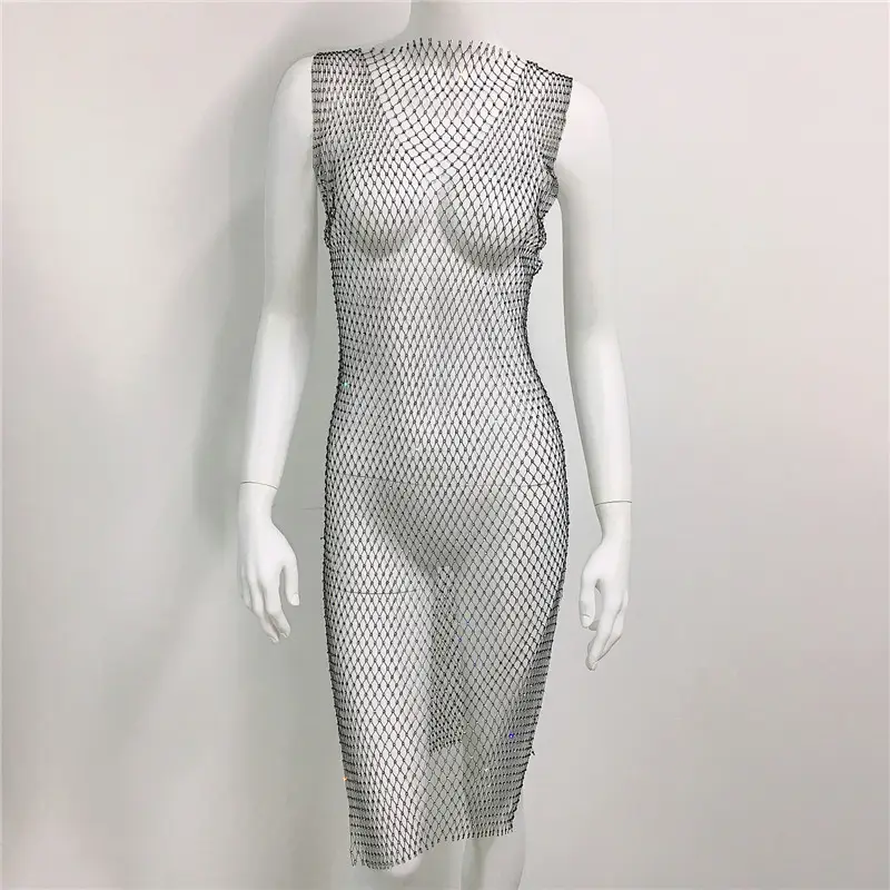 White Rhinestone Fishnet Sleeveless Long Dress for Women - Image 7