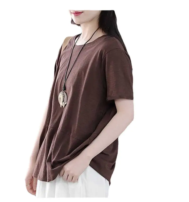 Women Loose Slim T-shirt Brown Artistic Design Large - Image 9