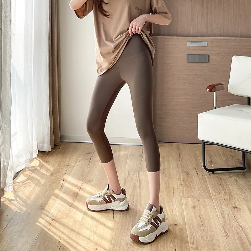Women Cropped Shark Pants Summer Thin Leggings High Waist Brown - Image 5