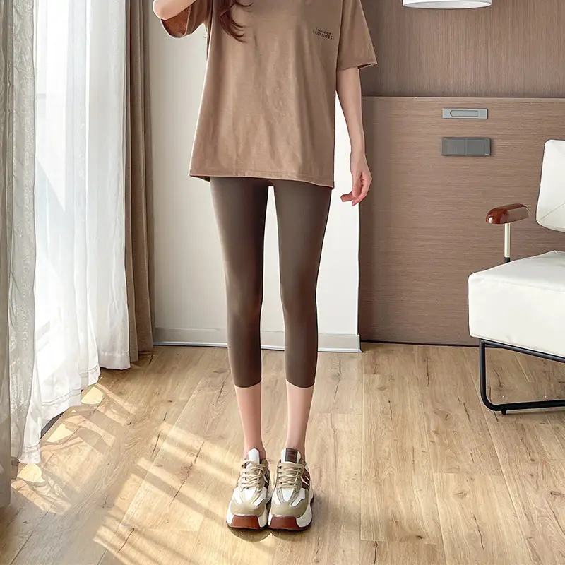 Women Cropped Shark Pants Summer Thin Leggings High Waist Brown - Image 7