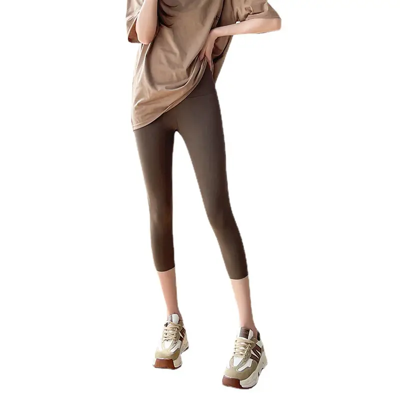 Women Cropped Shark Pants Summer Thin Leggings High Waist Brown - Image 8