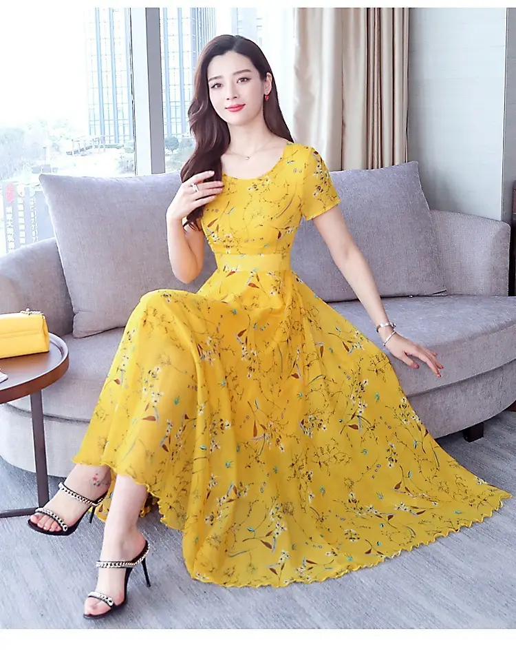 Women Ice Silk Floral Long Skirt Dress Yellow — feature 12