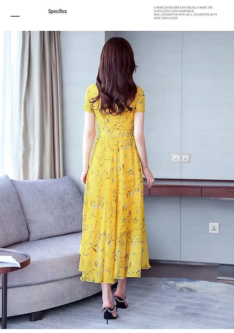 Women Ice Silk Floral Long Skirt Dress Yellow — feature 17
