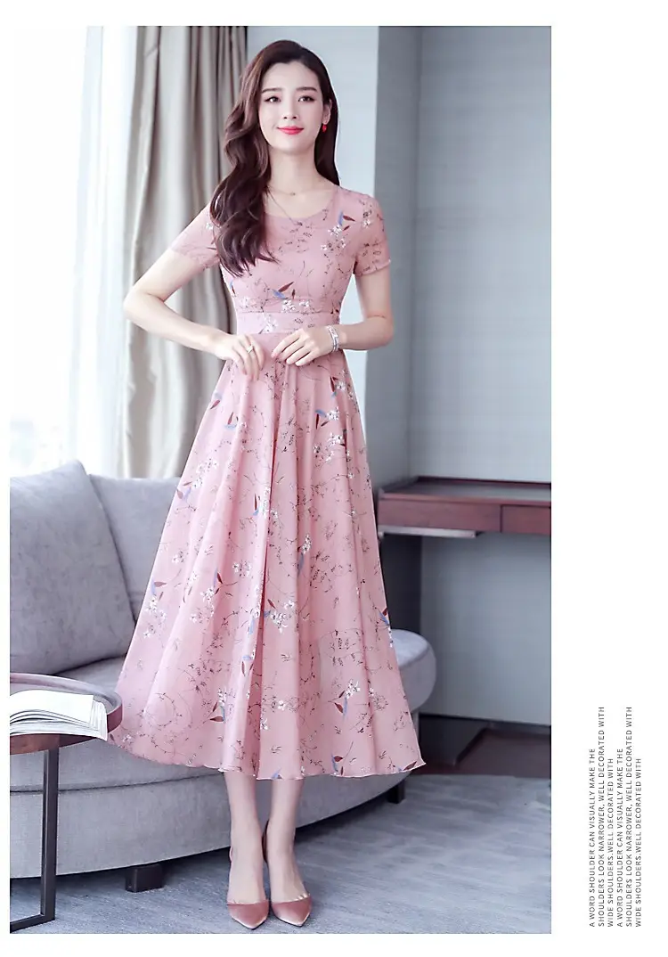 Women Ice Silk Floral Long Skirt Dress Yellow — feature 19