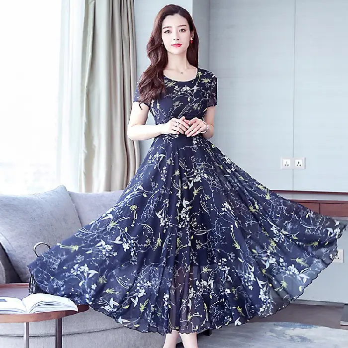 Women Ice Silk Floral Long Skirt Dress Yellow - Image 2