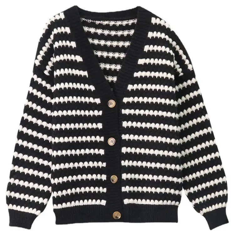 Green Knitted Cardigan with Lazy Stripes for Women - Image 6