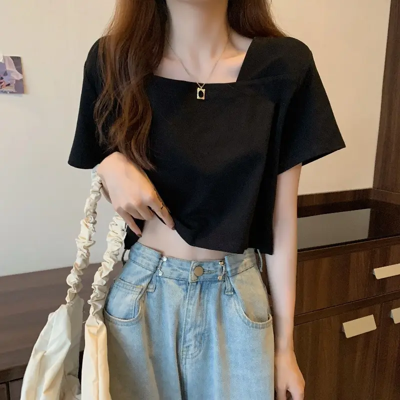 Women Square Neck Black T-Shirt 2025 Summer - Image 3