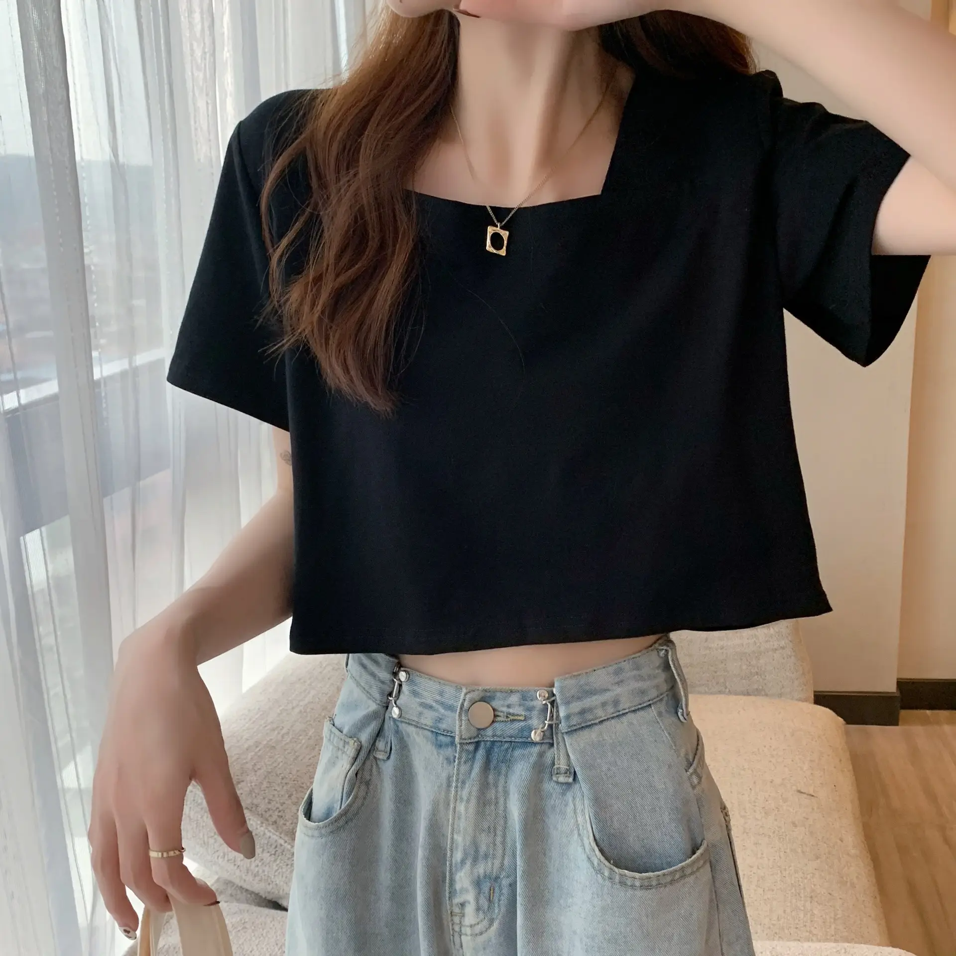 Women Square Neck Black T-Shirt 2025 Summer - Image 6