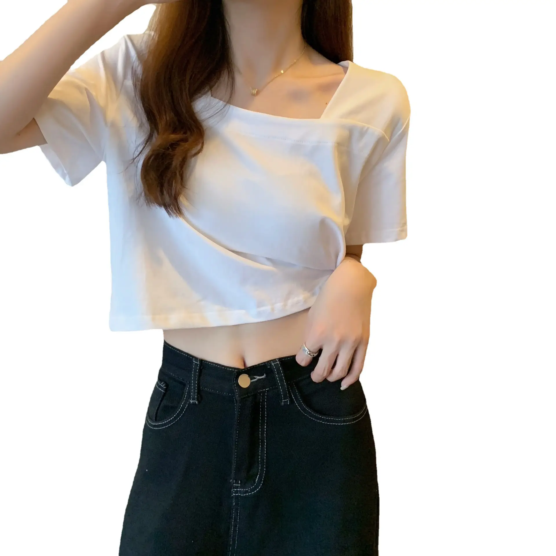 Women Square Neck Black T-Shirt 2025 Summer - Image 7