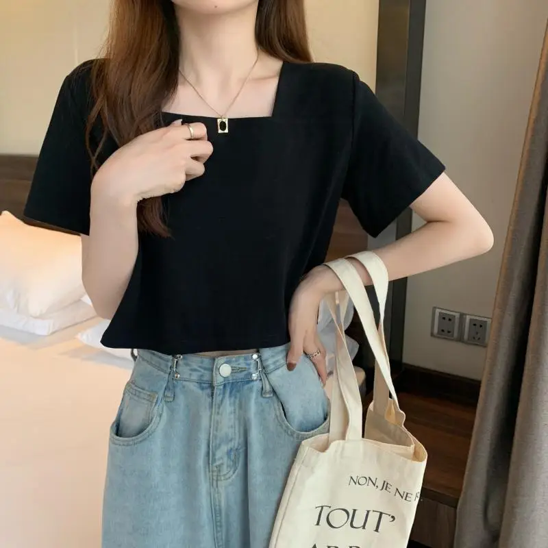 Women Square Neck Black T-Shirt 2025 Summer — feature 10