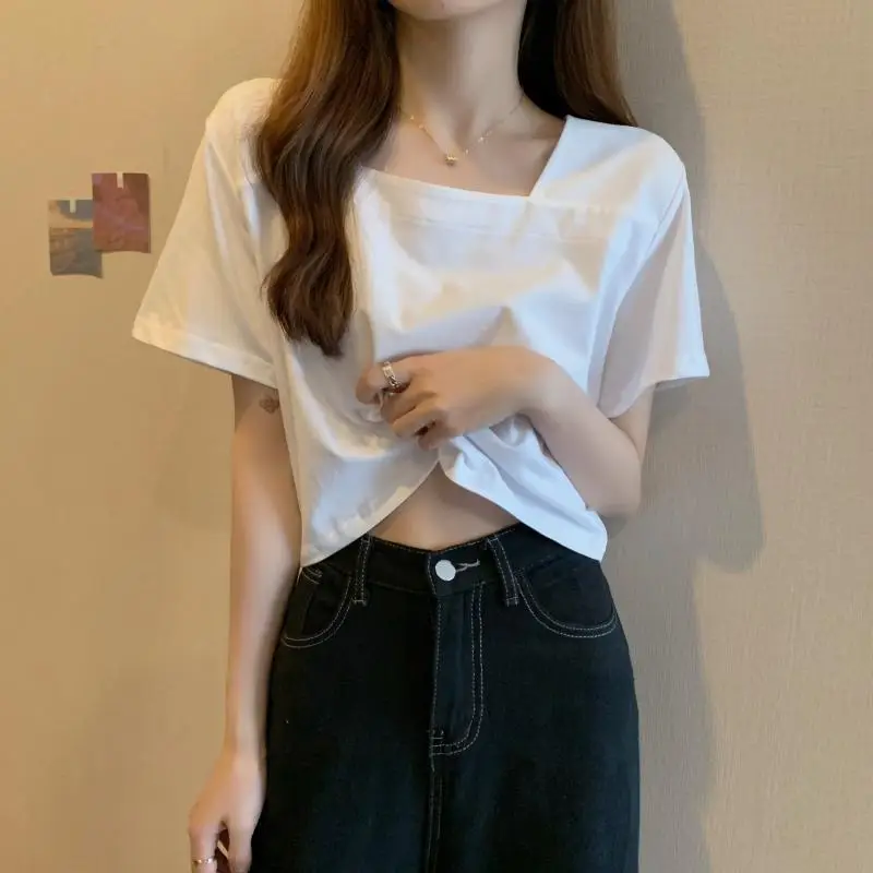 Women Square Neck Black T-Shirt 2025 Summer — feature 14