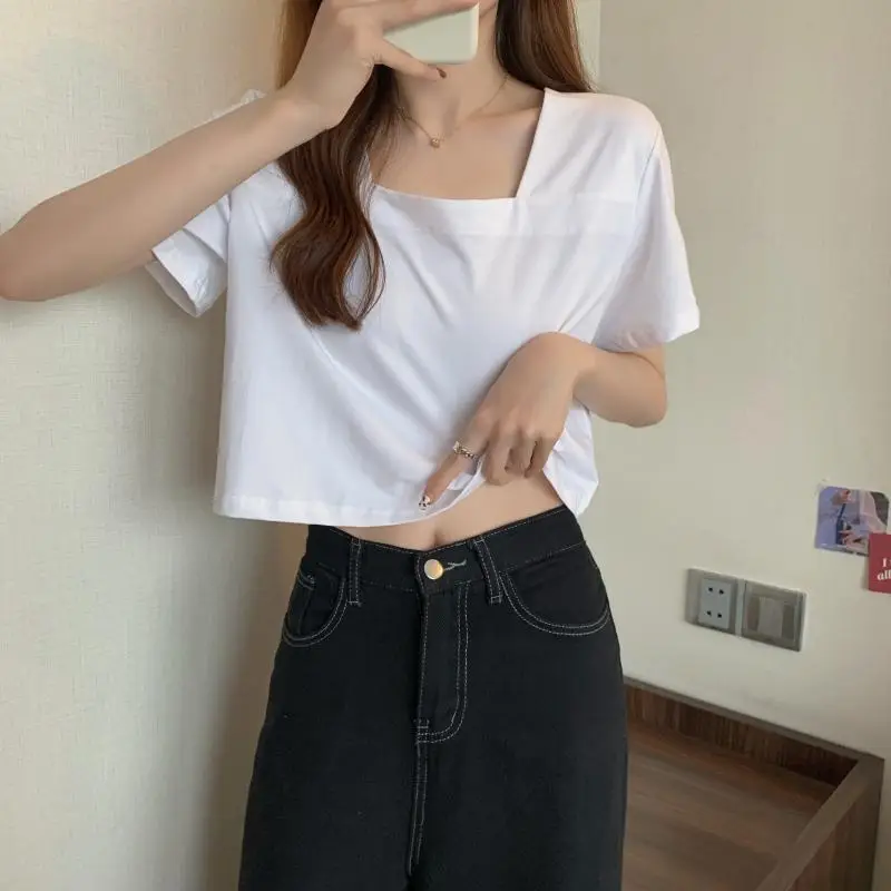 Women Square Neck Black T-Shirt 2025 Summer — feature 16