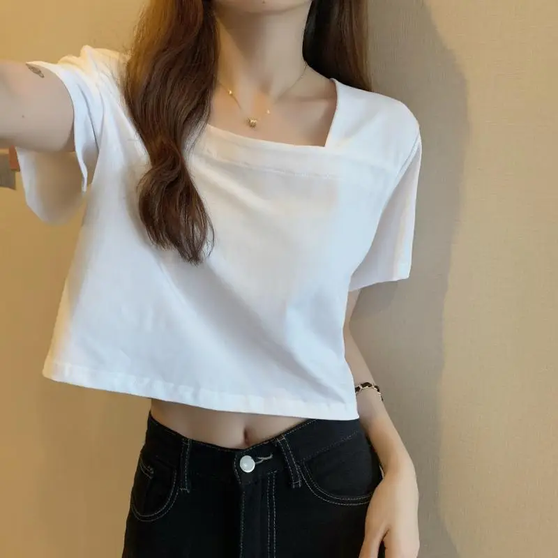 Women Square Neck Black T-Shirt 2025 Summer — feature 17