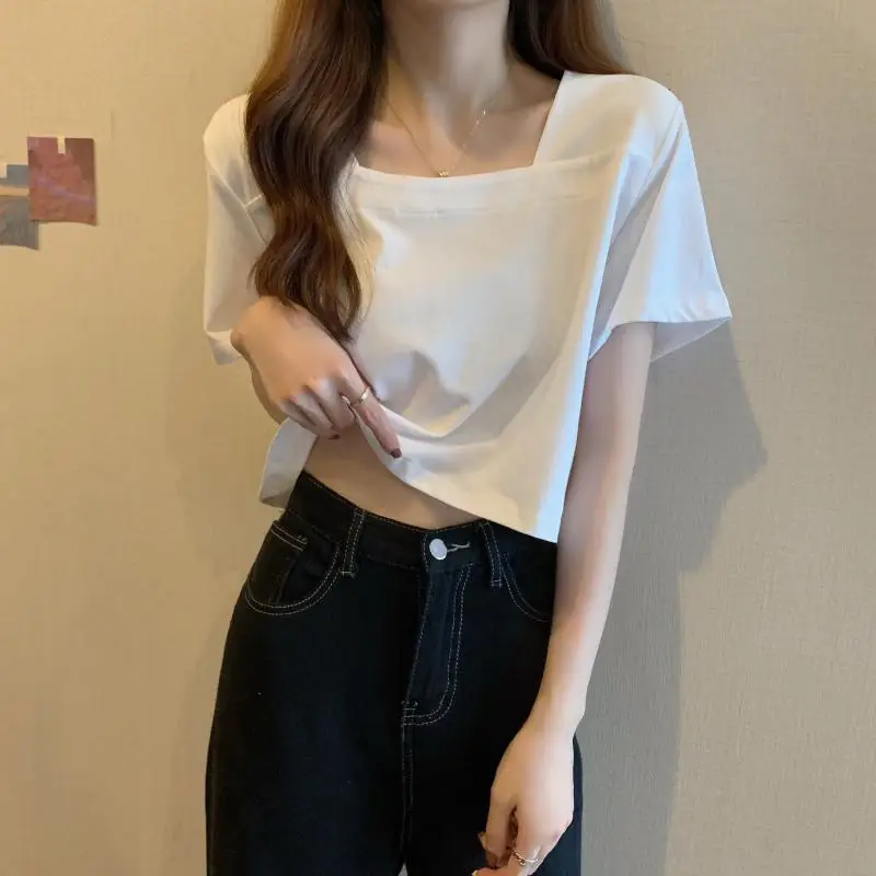 Women Square Neck Black T-Shirt 2025 Summer — feature 18