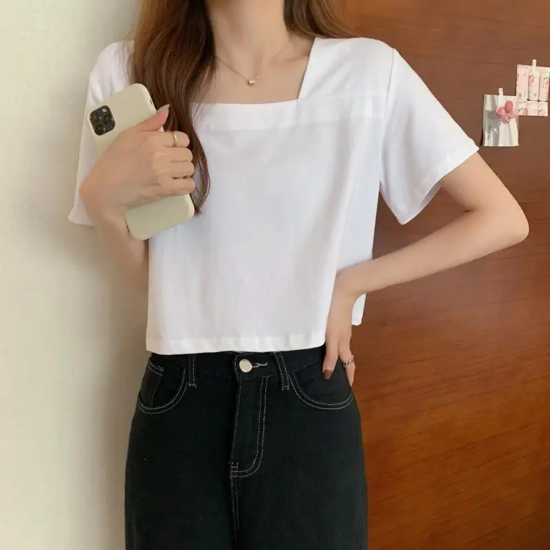 Women Square Neck Black T-Shirt 2025 Summer — feature 19