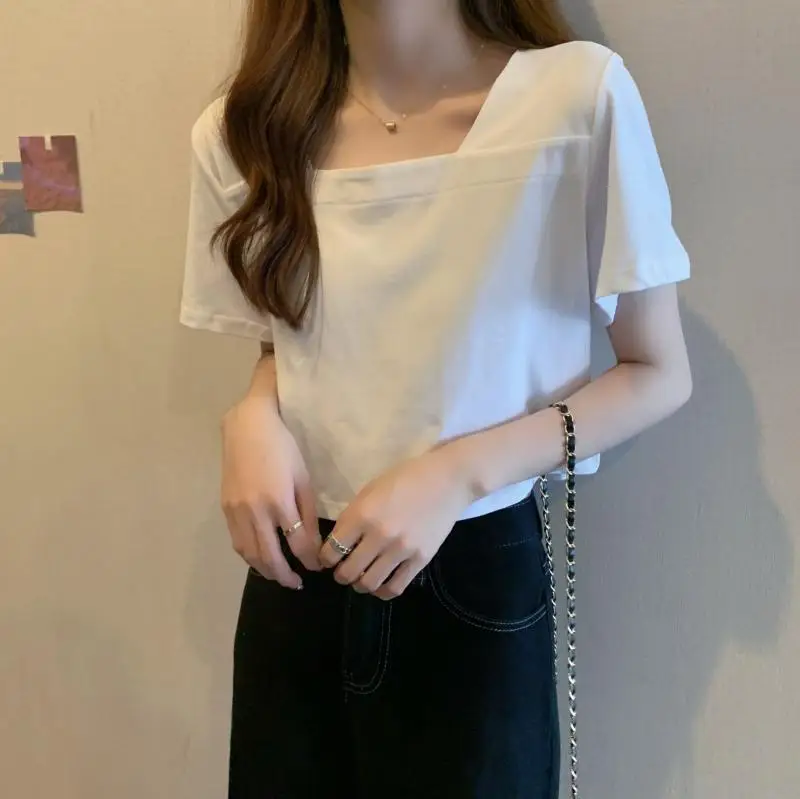 Women Square Neck Black T-Shirt 2025 Summer — feature 21