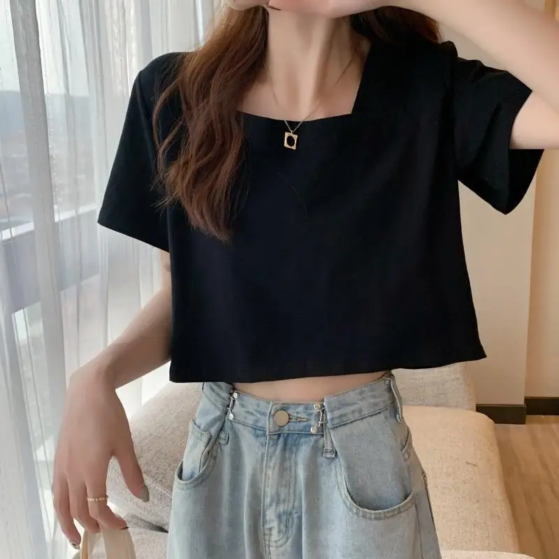 Women Square Neck Black T-Shirt 2025 Summer — feature 4
