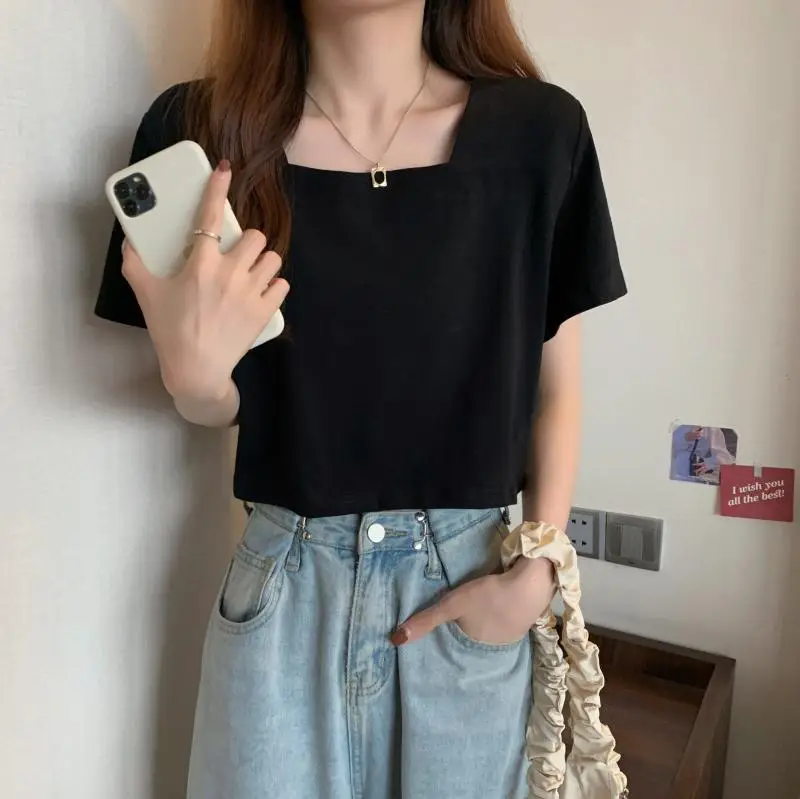Women Square Neck Black T-Shirt 2025 Summer — feature 5