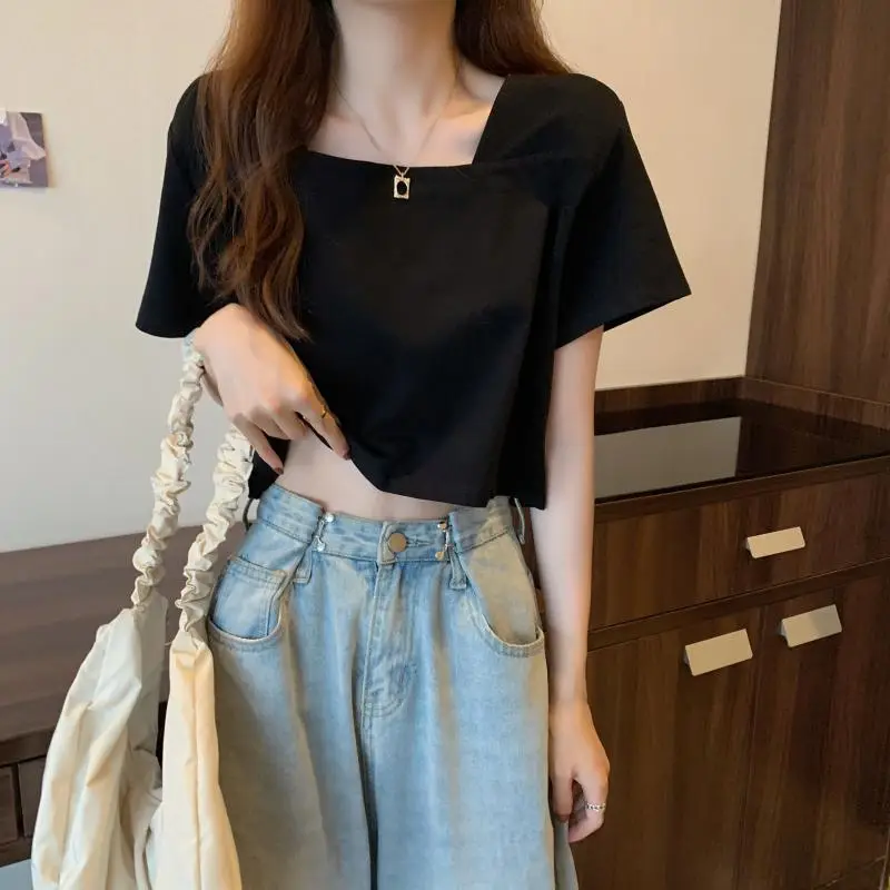 Women Square Neck Black T-Shirt 2025 Summer — feature 6