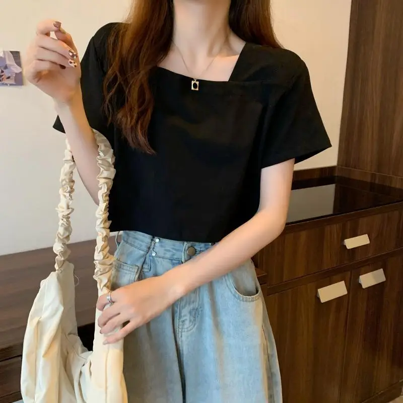 Women Square Neck Black T-Shirt 2025 Summer — feature 7
