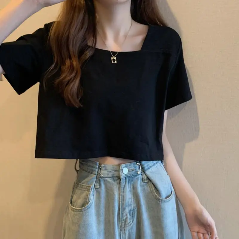 Women Square Neck Black T-Shirt 2025 Summer — feature 8