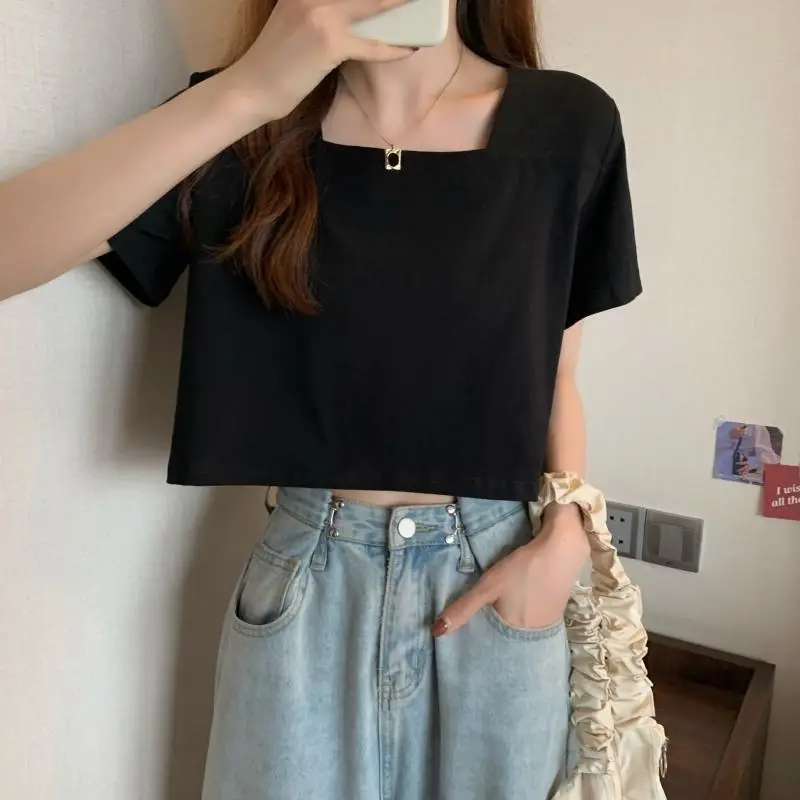 Women Square Neck Black T-Shirt 2025 Summer — feature 9