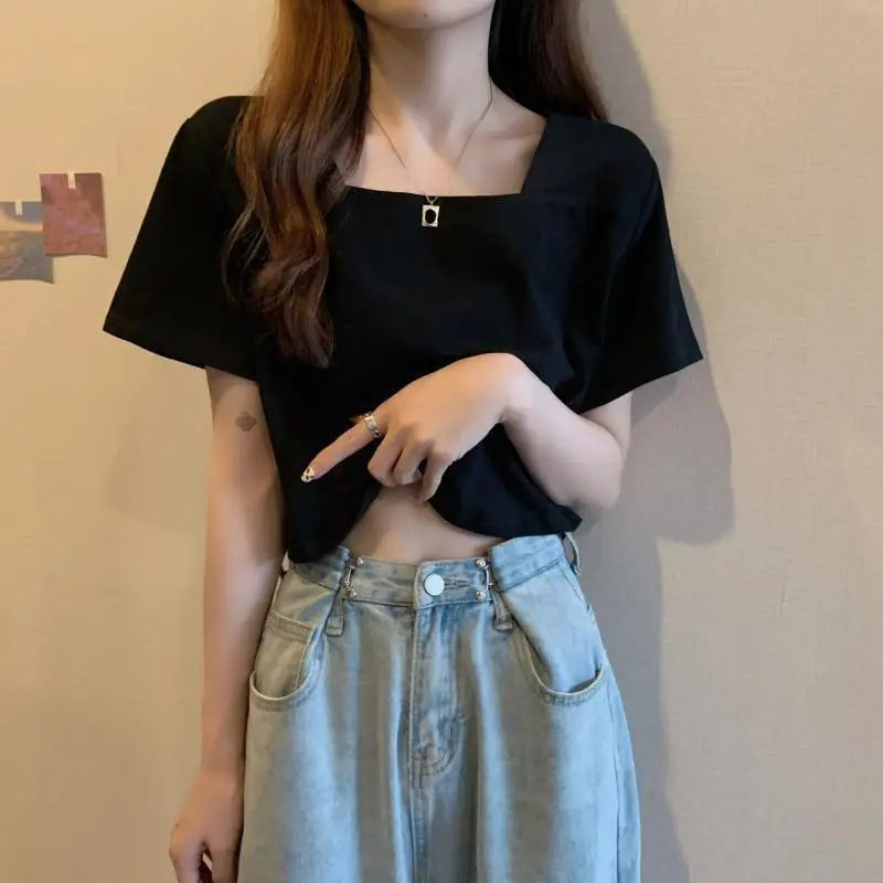 Women Square Neck Black T-Shirt 2025 Summer - Image 2