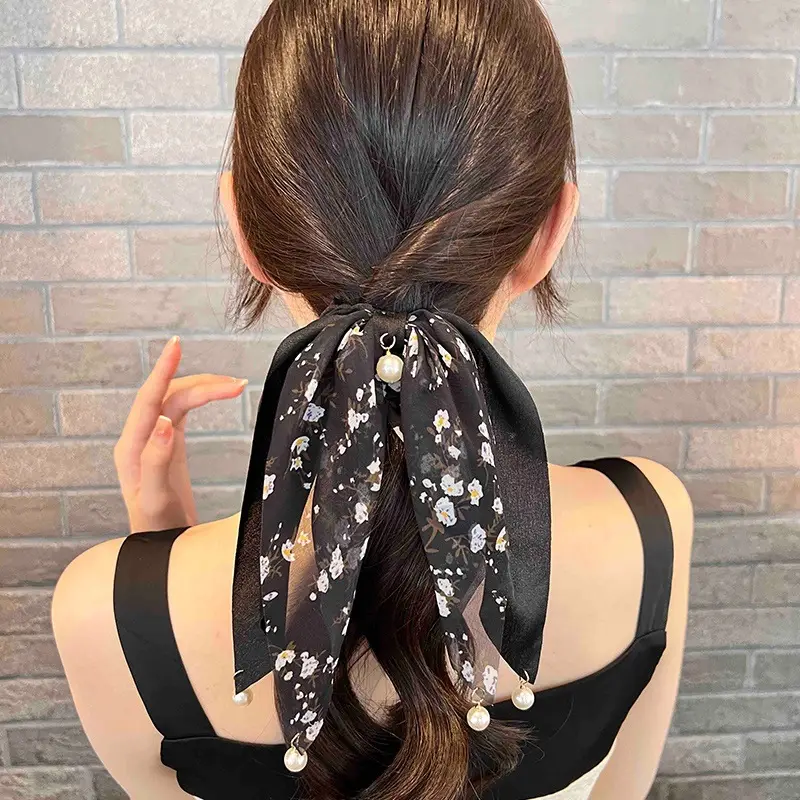 Elegant Bow Tie Ponytail Ribbon Hair Rope Pearl Pendant Women - Image 8