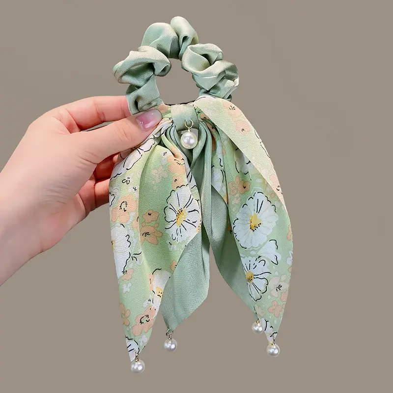 Elegant Bow Tie Ponytail Ribbon Hair Rope Pearl Pendant Women - Image 3