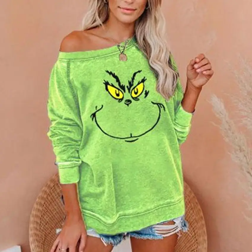 Green Funny Face Long Sleeve Women's Sweatshirt - Image 7