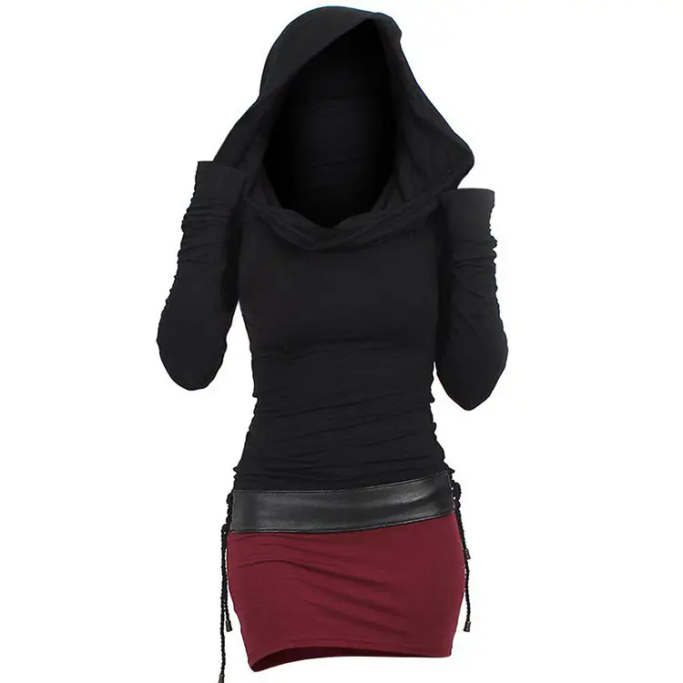Black Block Cut Mid Waist Hoodie Red Skirt Set