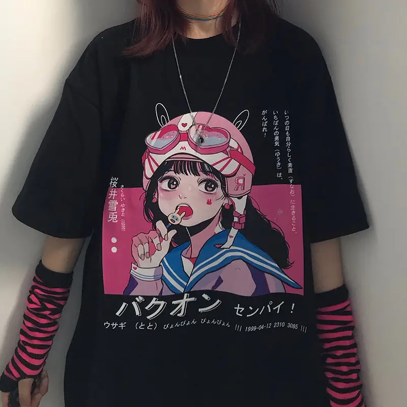 Korean Style Harajuku T-Shirt Dark Blue Anime Print 2023 - Image 18