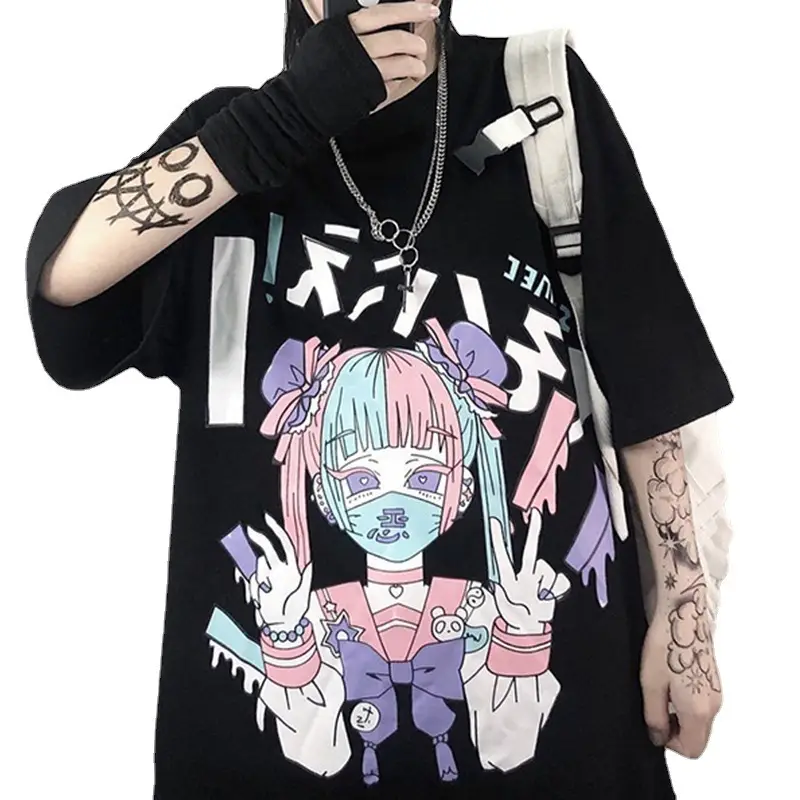 Korean Style Harajuku T-Shirt Dark Blue Anime Print 2023 - Image 19