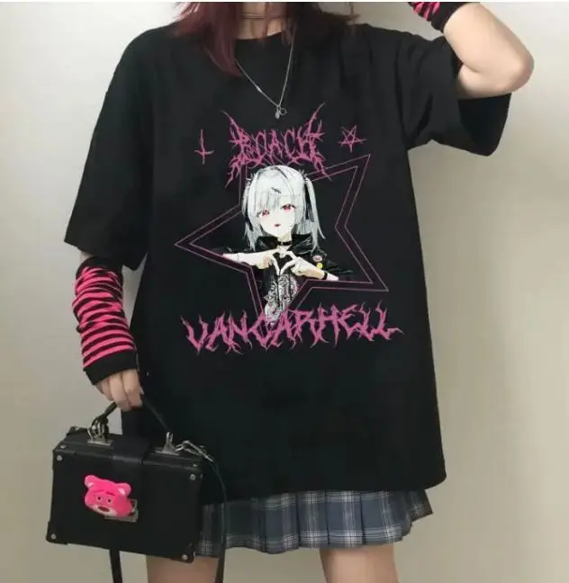Korean Style Harajuku T-Shirt Dark Blue Anime Print 2023 - Image 10