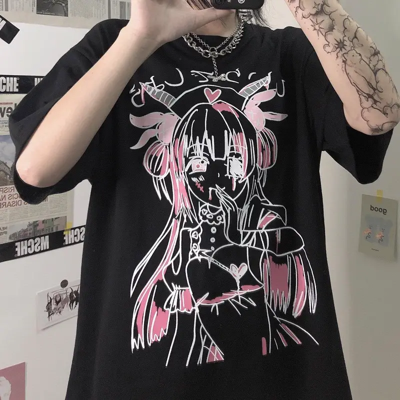Korean Style Harajuku T-Shirt Dark Blue Anime Print 2023 - Image 11