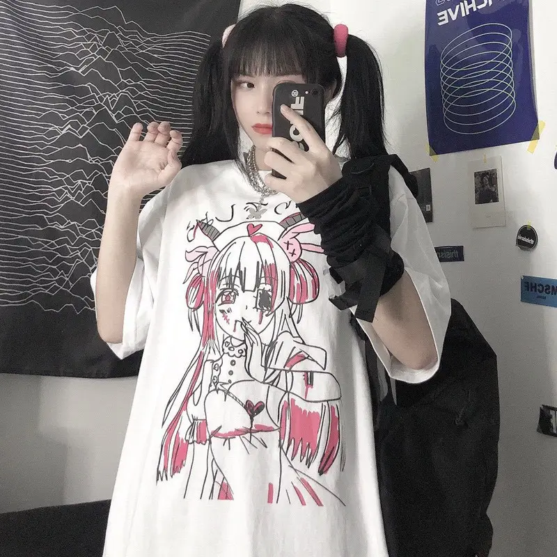 Korean Style Harajuku T-Shirt Dark Blue Anime Print 2023 - Image 12