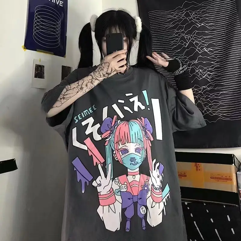 Korean Style Harajuku T-Shirt Dark Blue Anime Print 2023 - Image 14