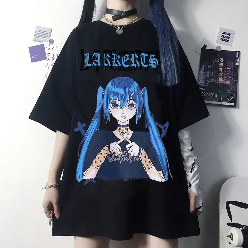 Korean Style Harajuku T-Shirt Dark Blue Anime Print 2023 - Image 15