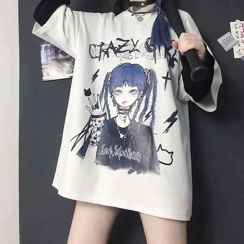 Korean Style Harajuku T-Shirt Dark Blue Anime Print 2023 - Image 2