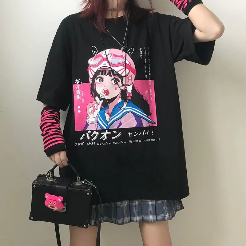 Korean Style Harajuku T-Shirt Dark Blue Anime Print 2023 - Image 3